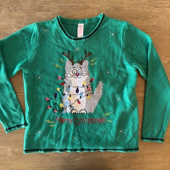 Holiday Time Cat Light Up Ugly Merry Christmas Party Sweater-Size L-Green-Works - Picture 6 of 17